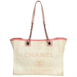 CHANEL Deauville MM Chain Tote Bag, Straw, Pink, 21773066, 8-digit Coco Mark